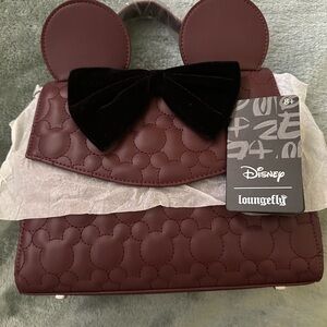 Crossbody Disney Loungefly Quilted Minnie Mouse Maroon Bag with velvet Black Bow